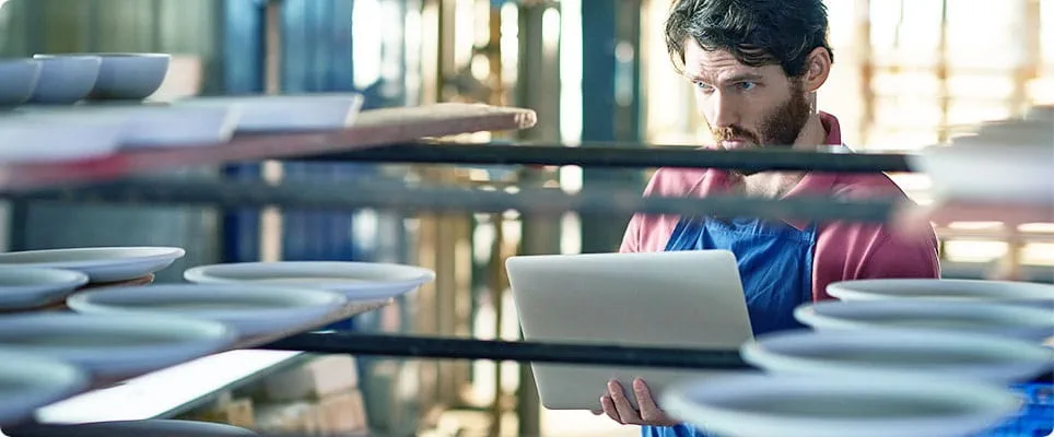  Man checking ceramic dishes stock 