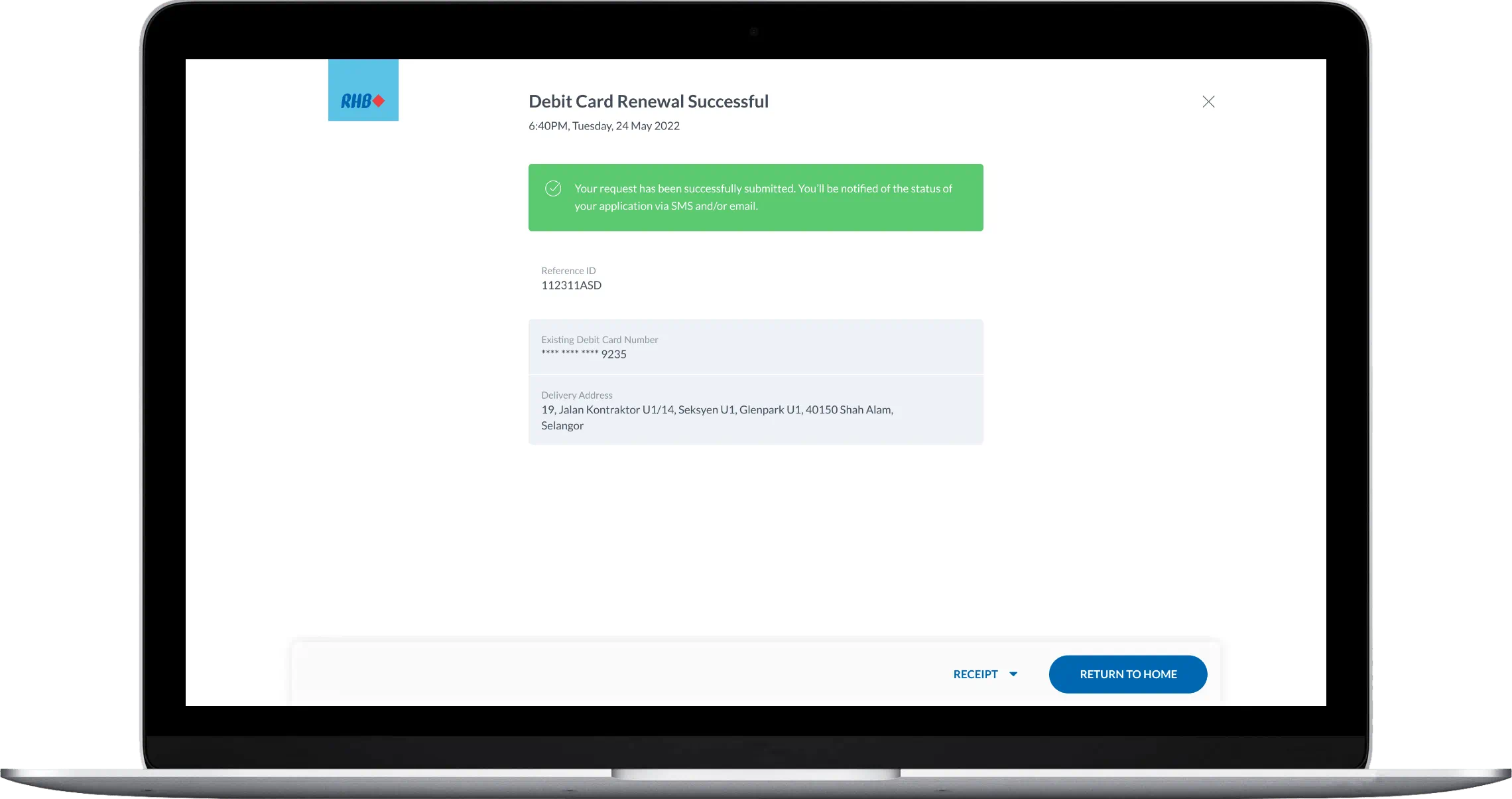 How to renew debit card/-i via RHB Online Banking Step 5